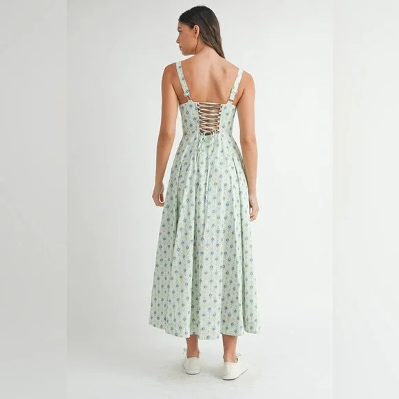 MABLE Floral Print Bustier Back Lace Up Midi Dress - Picture 2 of 14